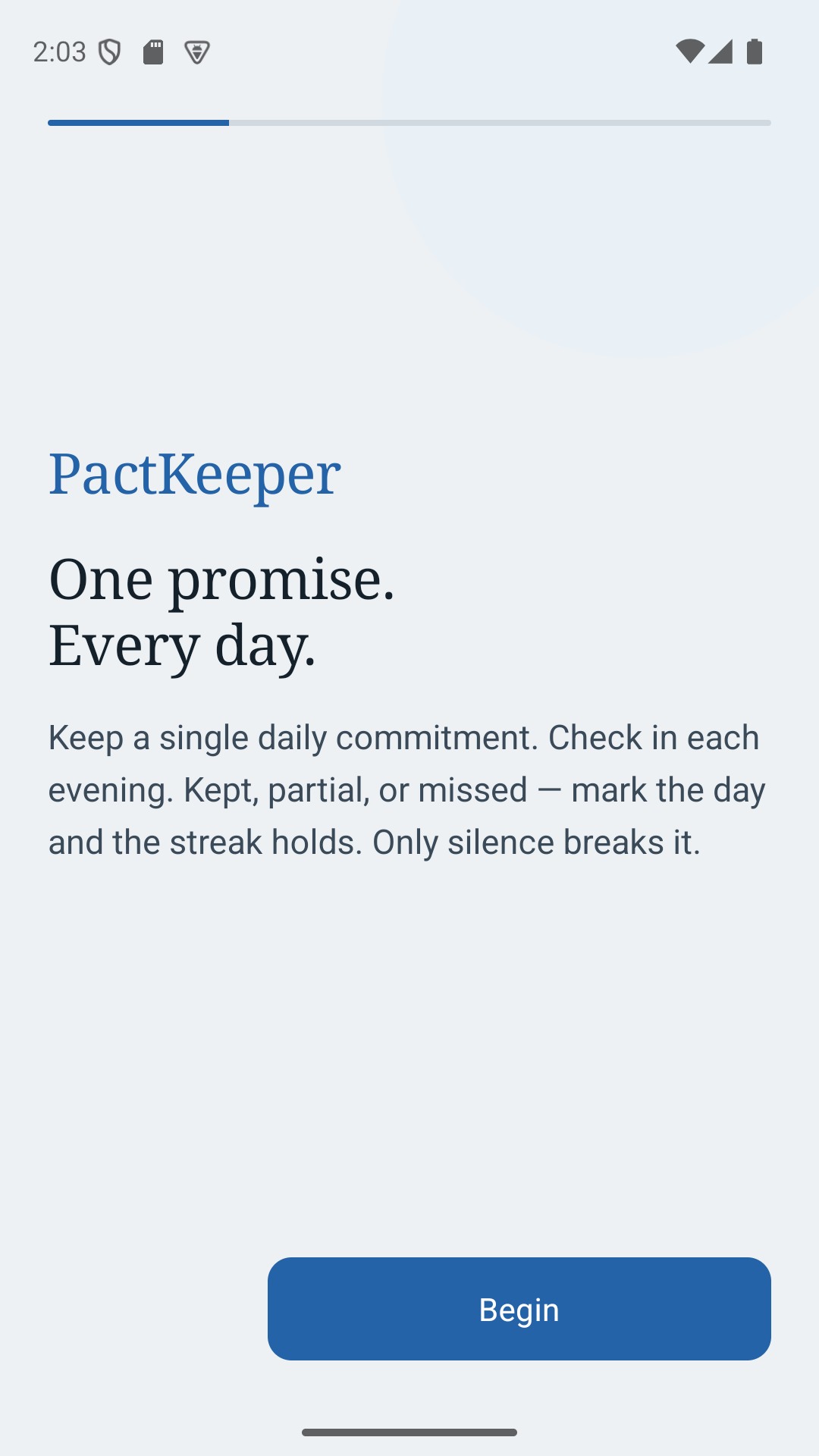 PactKeeper onboarding screen with the line One promise. Every day.