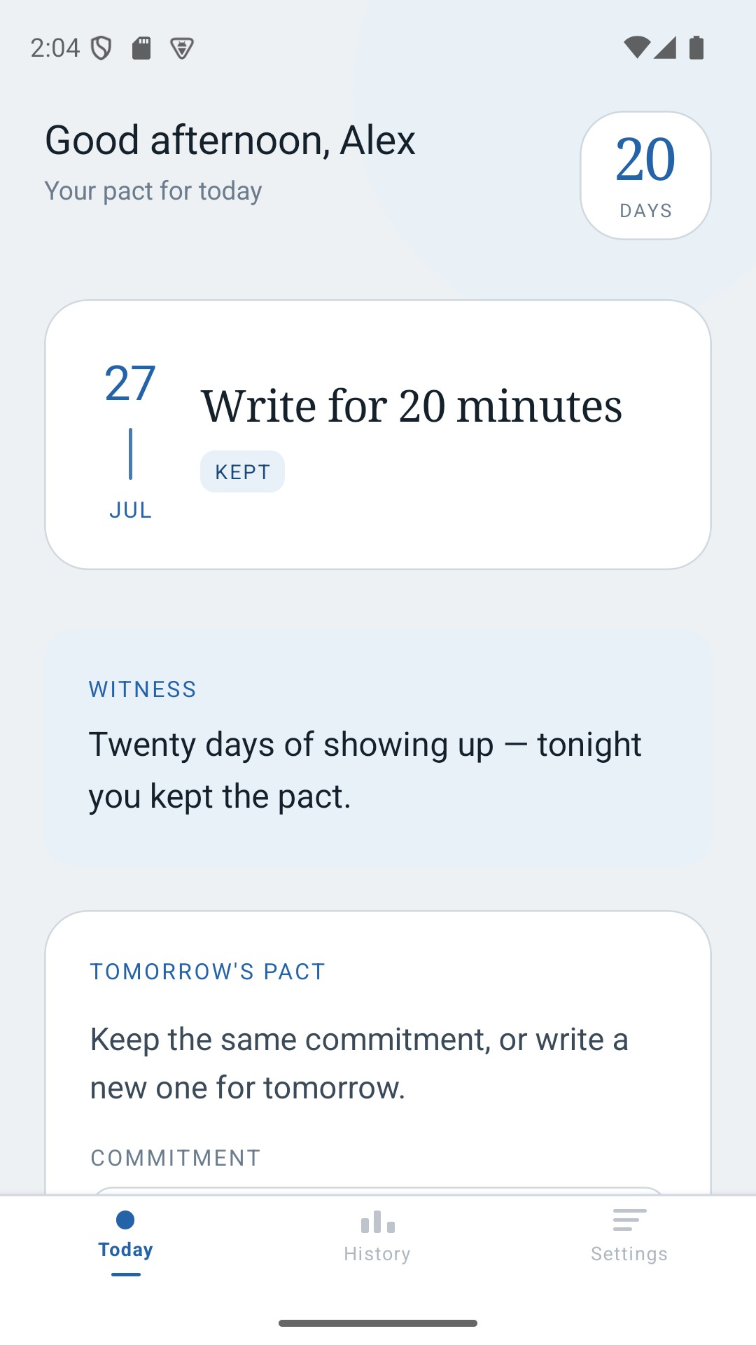 Home screen after check-in, showing a kept mark and a short witness sentence.