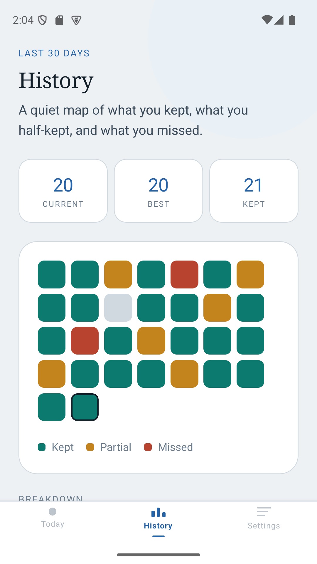 History screen with a thirty-day map of kept, partial, and missed days.